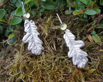 Oak leaf earrings, Fine silver earrings, Handmade silver earrings, Peridot earrings, Silver leaf earrings, Oak earrings, botanical earrings
