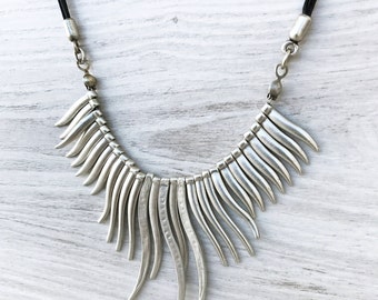 Bib Necklace Statement Fringe Necklace Leather Necklaces for Women Bohemian Jewelry Silver Necklace Bold Chunky Necklace for Women Summer