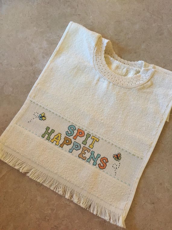 Cross Stitch Baby Bib Spit Happens Boy or Girl Baby Bib