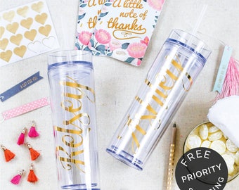 Bridesmaid Skinny Tumbler, Gold Names, Bachelorette Party Cups, Bridesmaid Gifts, Bridesmaid Water Bottles, Bachelorette Tumblers