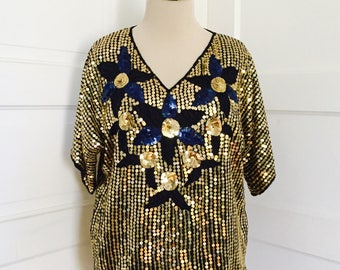 1980's Womens Vintage Retro Glam Disco Rock Gold Blue Flower Design Sequin Beaded Top Blouse Medium Large
