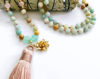 Mala Necklace, Mala Beads, Amazonite Mala, Knotted Mala, Amazonite Necklace, Beaded Necklace, Mala Bead Necklace, Tassel Necklace, Mala,MKAL