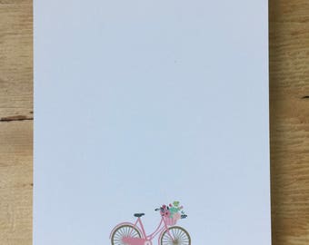vintage pink bicycle notepad, stationery, bike basket with flowers, to do list