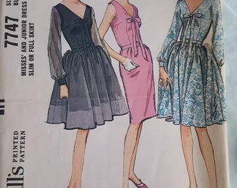 Vintage McCall's 7747 Dress Pattern ** Bust 31 ** Size 10 Slim or Full Skirt 60s