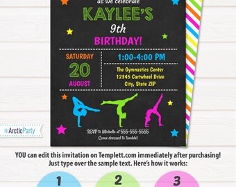 Gymnastic Invitations - Gymnastics Birthday Invitation - Gymnastics Party Invitation - INSTANT ACCESS - Edit NOW at home with Templett.com!