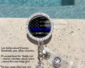 Bling Thin Blue Line Retractable Badge Holder, Police Badge Holder, Police Badge Reel, Blue Lives Matter, Personalized Badge,MB332