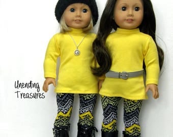 18 inch doll clothes made to fit like american girl doll clothes yellow turtleneck tunic top and aztec print leggings