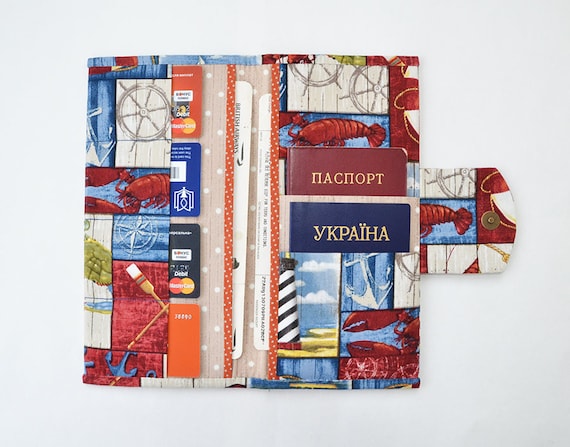 Travel wallet, Family travel holder, Travel document organizer, Boarding pass cover, Passport wallet, Ocean Beach print, Red, Nautical
