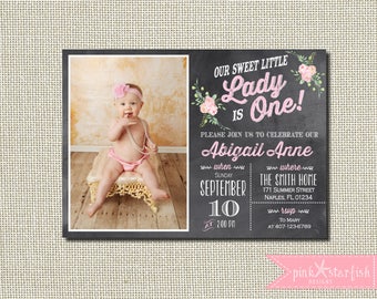 Little Lady Invitation, Chalkboard First Birthday Invitation, First Birthday Invitation, 1st Birthday Invitation, Little Lady Birthday