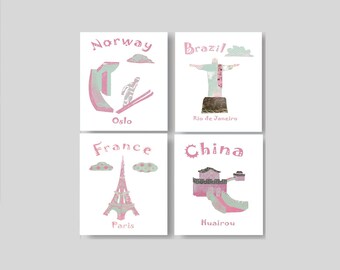 39, Nursery wall art,travel nursery,baby girl deco,Norway,Brazil,France,China,tableau chambre enfant