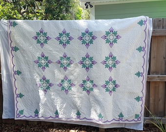 1940's 100% Cotton Hand Stitched & Quilted Grape Appliqued Quilt