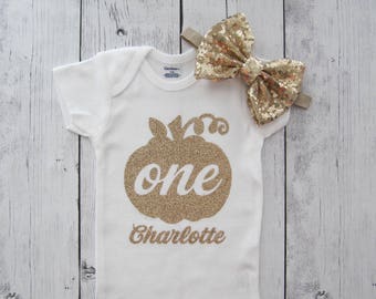 Gold Pumpkin First Birthday Shirt - pumpkin one girl, our little pumpkin is turning one, pumpkin fall birthday, pumpkin outfit girl,