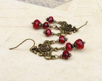 Red Earrings, Red Chandelier Earrings, Garnet Earrings, Victorian Earrings, Czech Glass Beads, Red Jewelry, Womens Earrings, Gifts for Her