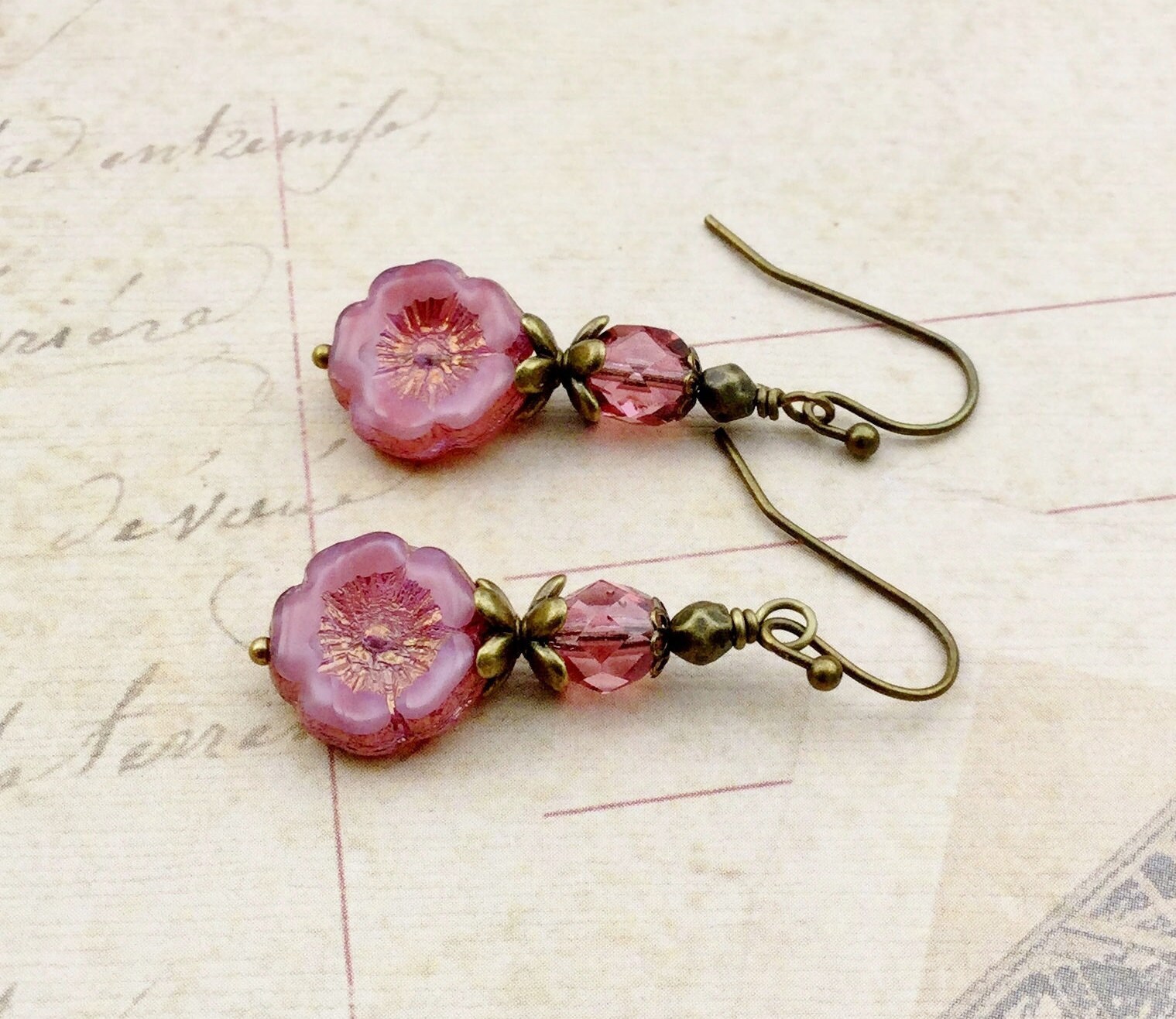 Pink Earrings Rose Earrings Flower Earrings Czech Glass