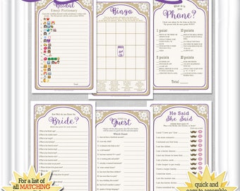 6 GAME BUNDLE for a fun, easy Country/Rustic Bridal celebration-save 60%, purple accents, Emoji, Phone Game, Find the Guest, Bingo, etc.51BR