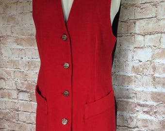 Vintage Long Waistcoat Vest Top Red Wool Autumn Fall Winter Christmas c1980s