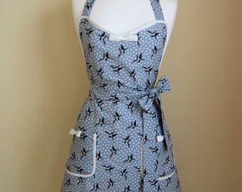 Apron/ Swallows Apron /Retro Apron / Womens Apron / Vintage Style Apron/ Retro Bird Apron / Handmade Apron / Blue/Grey Apron