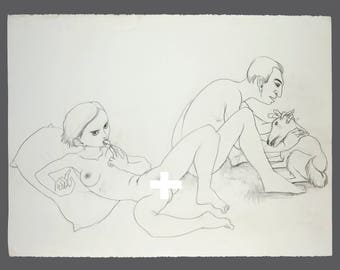 Mid Century Nude Pencil Drawing Masturbating Woman Man & Dog Black White Art On Paper 22 x 30 Vintage Art