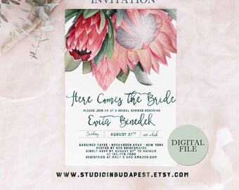 Protea Bridal Shower invitation, PRINTABLE Bachelorette party invitation, Watercolor Bridal shower, wedding shower invitation