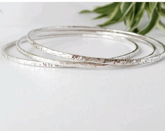 Sterling Silver Bracelet, Bangle. Stackable bangles set of 3. Textured.