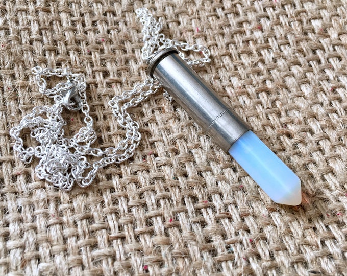 Opalite Necklace, Stone Ammo Necklace, Bullet Necklace, Boho Bullet Necklace, Shell Case Necklace, Silver Ammo Necklace,Aura Ammo Necklace
