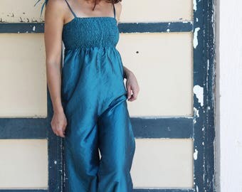 Blue vintage silk taffeta shiny jumpsuit.one/size