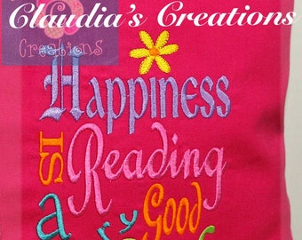 Happiness is Reading Poppy Inspired Subway Embroidery Saying
