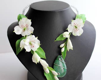 white flower necklace lily jewelry white necklace modern necklace bridal flowers polymer clay jewelry gift wife birthday gifts special FJ5
