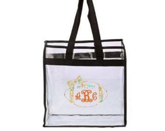 Clear Stadium Bag With Orange + Aqua Madras - Clear Football Stadium Bag, Clear Stadium Tote Bag, Game Day Clear Bag, Customized Clear Bag