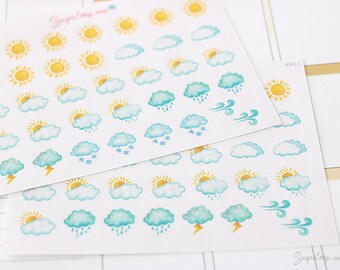 Weather Sticker Kit, 36 Watercolor Weather Planner Stickers, Weather Sticker Set, Sunny Weather Icon, Rain Planner Sticker, Sun Sticker WWC1