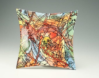 Crazy Creek Plate / Platter, Ceramic Modern Art Dinnerware - 10" Square Colorful Wall Decor