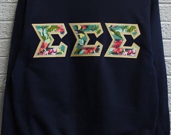 Sigma Sigma Sigma Navy Sweatshirt With Floral Fabric on Metallic Gold (287c)