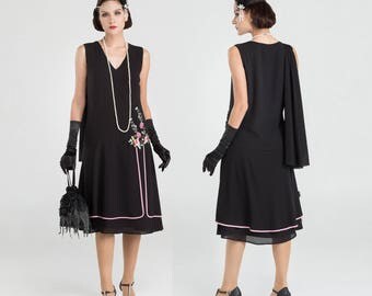 1920s Evening Dress In Black Chiffon And Floral Embroidery Great Gatsby Flapper 1920s Evening Dress In Black Chiffon And Floral Embroidery Great Gatsby Flapper