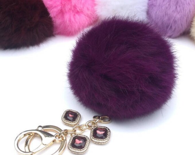 Customer request inspired PURPLE fur pom pom keychain Rabbit real fur puff ball