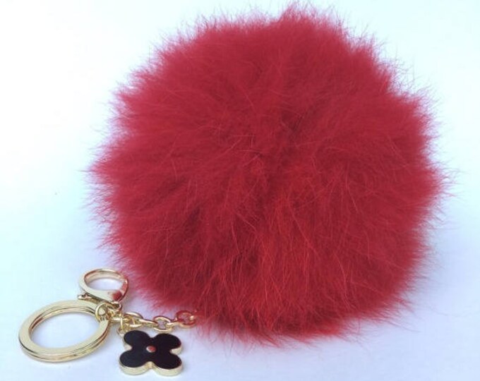 Hot Red fox fur Pompon bag charm pendant Fur Pom Pom keychain keyring with flower charm