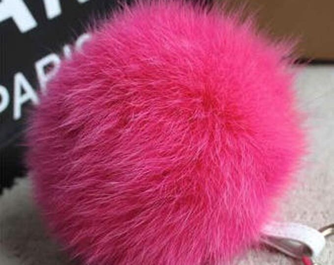 Cerise Pink Fox Fur Pom Pom luxury bag pendant with leather strap circle buckle key ring chain bag charm accessory