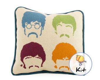 Needlepoint fab four pillow kit, Beginner Modern needlepoint kits, Music Fan Tapestry kit, Beatles tapestry kit, Needlepoint Music Lover