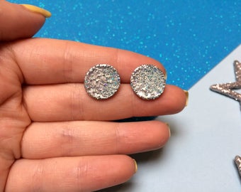 Silver Glitter Studs - Earrings - Blue