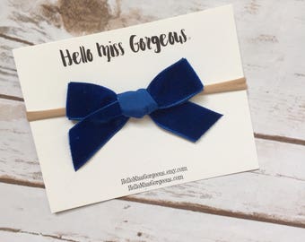 NAVY VINTAGE VELVET Hand-tied Bow (Headband or Clip)- velvet bow headband; velvet bow; newborn headband; baby headband; toddler bow
