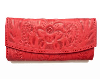 Women Handmade Tooled Cowhide Leather wallet.Trifold-Women’s RED Leather Wallet-Leather Wallet, Leather Purse-RED wallet-Womens wallet