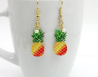 Pineapple Earrings, Fruit Earrings, Acrylic Pineapple Earrings, Freshwater Pearl, Pineapple Jewelry, Fruit / Food Jewelry, Kids Earrings