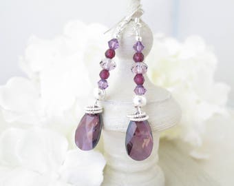 Purple earring, Swarovski crystal earring, Crystal and gemstone earring, Sterling silver earring, Christmas gift, Unique gift for her