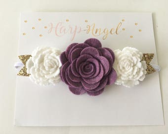 Plum Purple & White Rose Wool Felt Flower Crown Headband Gold or Silver Leaves Newborn / Baby / Girls / Toddler