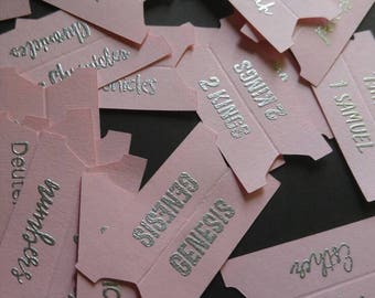 Silver embossed pink bible tabs, books of the bible labels, journaling, page markers, page flags, king james, NIV