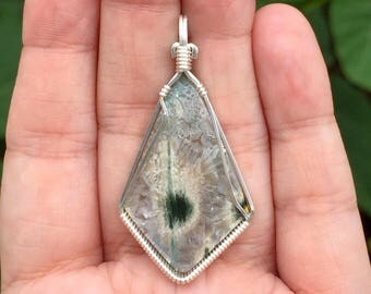 Ocean jasper pendant, Wire wrapped pendant, Sterling silver, Ocean jasper jewelry, Green Ocean jasper necklace, OJ22