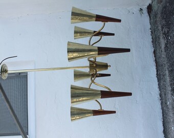 Italian Stilnovo Style Brass And Teak Chandelier .