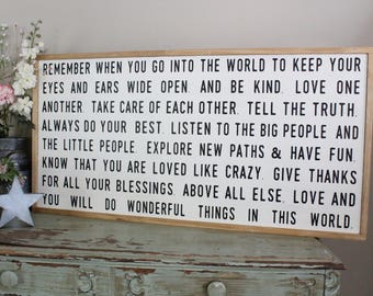 Remember When You Go Into the World, Do Wonderful Things Distressed Wood Living Room Wall Art, Inspirational Graduation Farmhouse Decor Sign