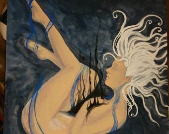 Acrylic painting on 11 by 14 inch Canvas board woman sinking drowning art