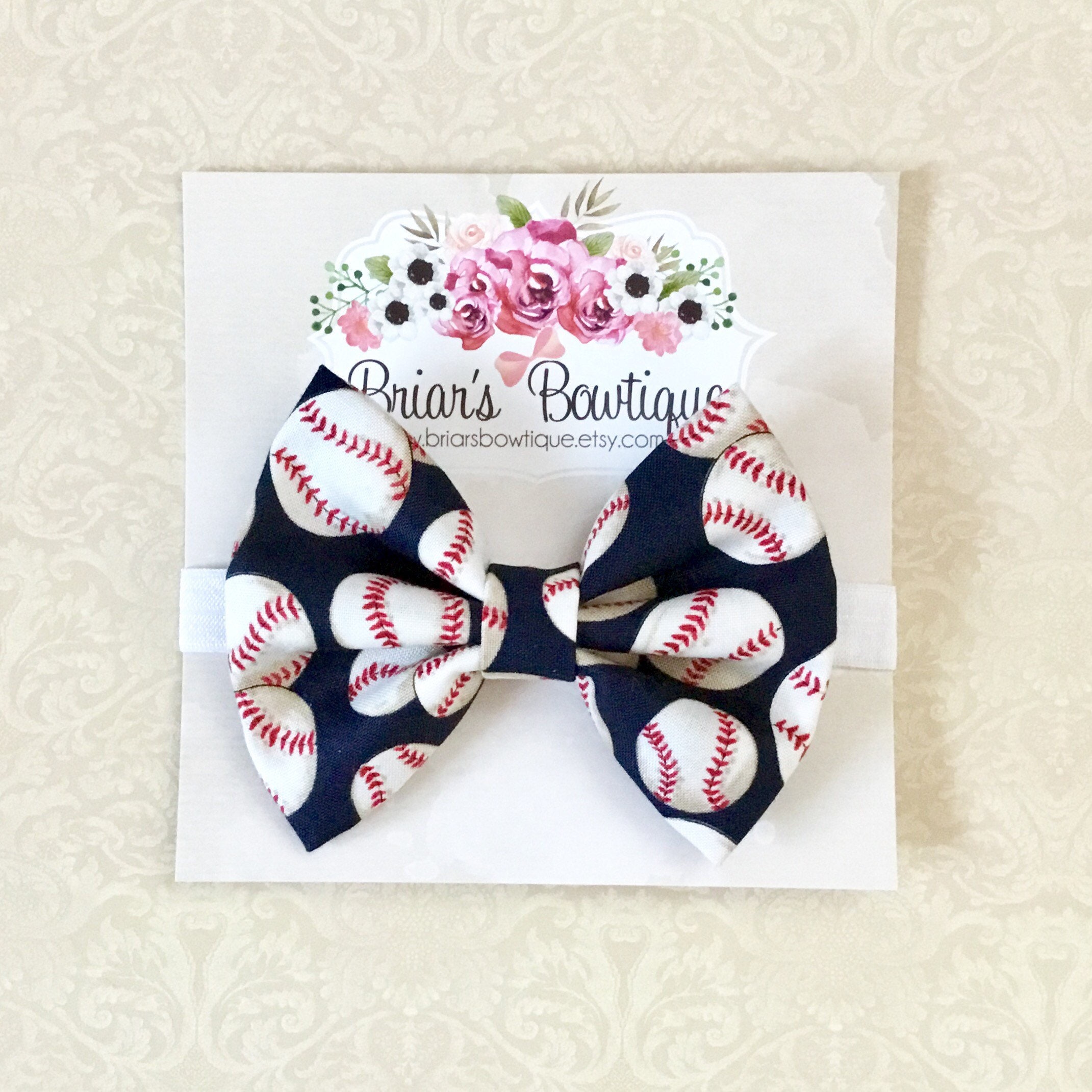 Baseball bow headband or clip Navy blue baseball print fabric