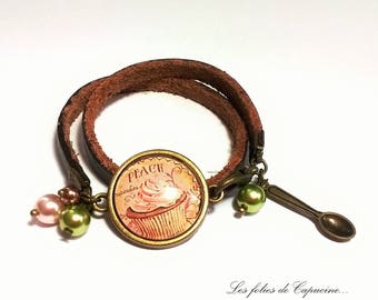 Bracelet Cabochon •cup cake autrefois• Brown real leather